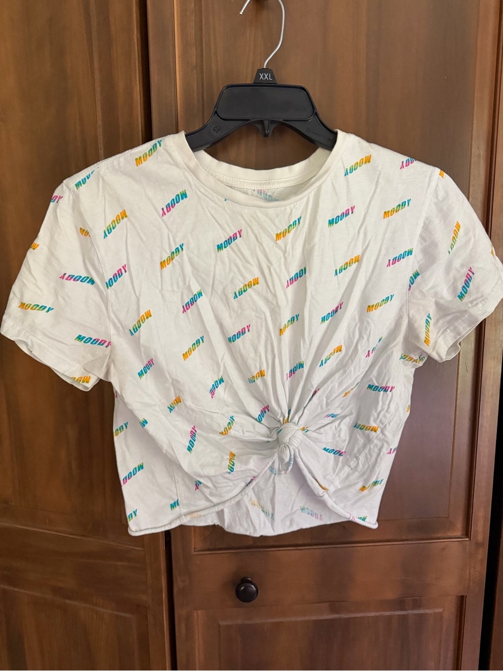 Rebellious One White Knot-Front Crewneck Tee with Multicolor 'MOODY' Print